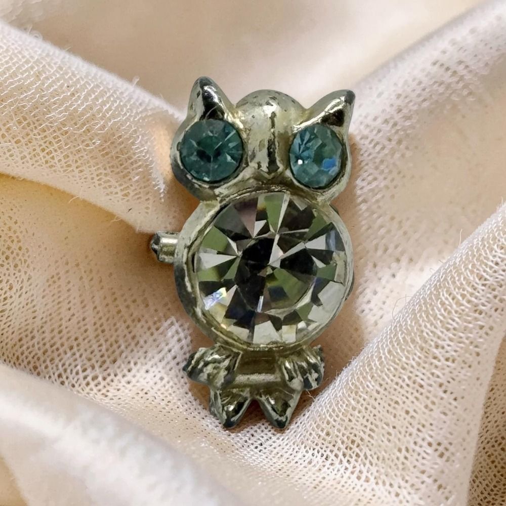 Rhinestone Owl Brooch Pin Clear Blue Stones 1960's Vintage